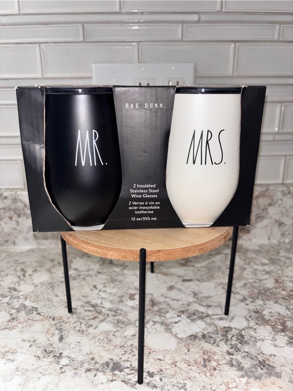 🆕 Rae Dunn Black MR. & White MRS. Insulated steel wine tumbler set